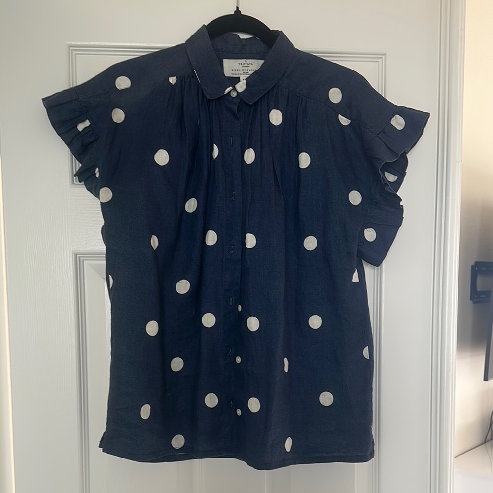 Navy Polka Dot Ruffle Sleeve Top